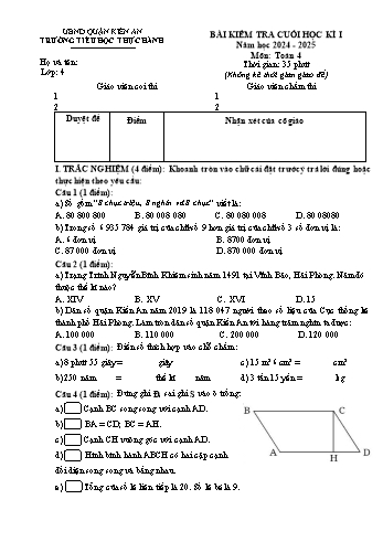 Đề kiểm tra cuối học kỳ I môn Toán Lớp 4 - Năm học 2024-2025 - Trường Tiểu học Thực Hành (Có đáp án)