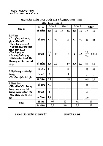 Đề kiểm tra cuối học kỳ I môn Toán Lớp 4 - Năm học 2024-2025 - Trường TH&THCS Hà Sen (Có đáp án + Ma trận)