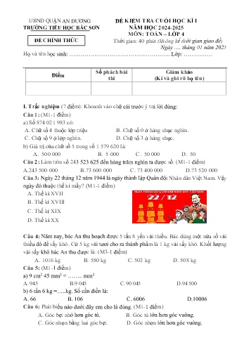 Đề kiểm tra cuối học kỳ I môn Toán Lớp 4 - Năm học 2024-2025 - Trường Tiểu học Bắc Sơn