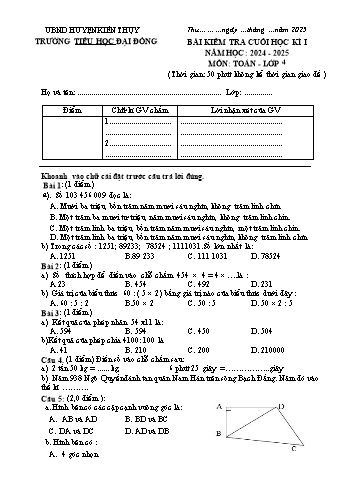 Đề kiểm tra cuối học kỳ I môn Toán Lớp 4 - Năm học 2024-2025 - Trường Tiểu học Đại Đồng (Có đáp án)