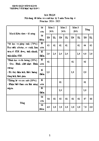 Đề kiểm tra cuối học kỳ I môn Toán Lớp 4 - Năm học 2024-2025 - Trường Tiểu học Đại Bản 1 (Có đáp án + Ma trận)