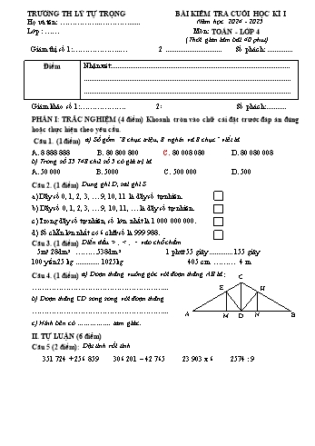 Đề kiểm tra cuối học kỳ I môn Toán Lớp 4 - Năm học 2024-2025 - Trường Tiểu học Lý Tự Trọng (Có đáp án)
