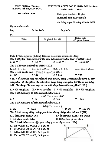 Đề kiểm tra cuối học kỳ I môn Toán Lớp 4 - Năm học 2024-2025 - Trường Tiểu học An Đồng (Có đáp án + Ma trận)