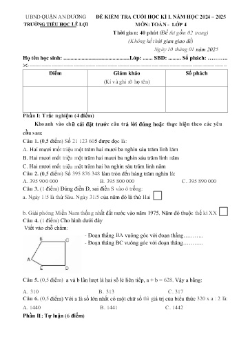 Đề kiểm tra cuối học kỳ I môn Toán Lớp 4 - Năm học 2024-2025 - Trường Tiểu học Lê Lợi (Có đáp án + Ma trận)