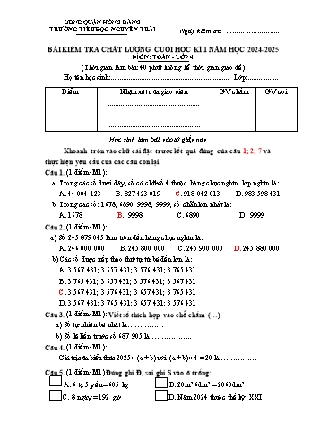 Đề kiểm tra cuối học kỳ I môn Toán Lớp 4 - Năm học 2024-2025 - Trường Tiểu học Nguyễn Trãi (Có đáp án)