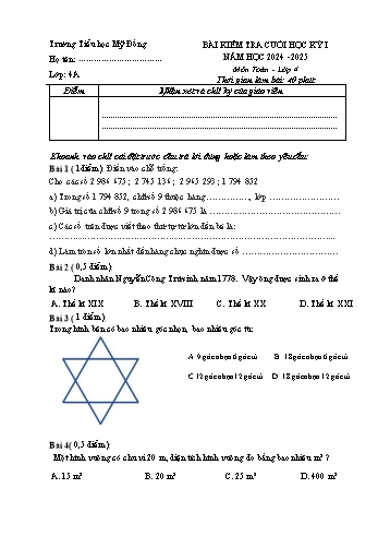 Đề kiểm tra cuối học kỳ I môn Toán Lớp 4 - Năm học 2024-2025 - Trường Tiểu học Mỹ Đồng (Có đáp án + Ma trận)