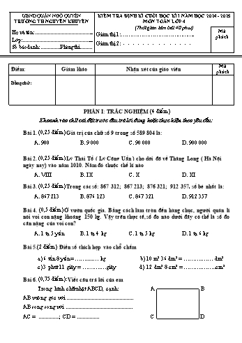 Đề kiểm tra cuối học kỳ I môn Toán Lớp 4 - Năm học 2024-2025 - Trường Tiểu học Nguyễn Khuyến (Có đáp án + Ma trận)
