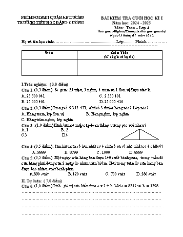 Đề kiểm tra cuối học kỳ I môn Toán Lớp 4 - Năm học 2024-2025 - Trường Tiểu học Đặng Cương (Có đáp án + Ma trận)
