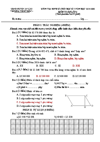 Đề kiểm tra cuối học kỳ I môn Toán Lớp 4 - Năm học 2024-2025 - Trường Tiểu học Mỹ Đức 1 (Có đáp án)