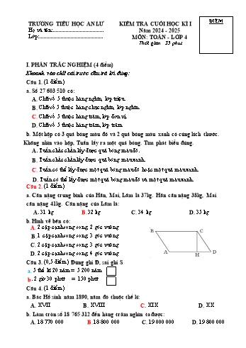 Đề kiểm tra cuối học kỳ I môn Toán Lớp 4 - Năm học 2024-2025 - Trường Tiểu học An Lư