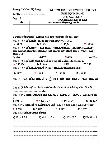 Đề kiểm tra cuối học kỳ I môn Toán Lớp 5 - Năm học 2024-2025 - Trường Tiểu học Mỹ Đồng (Có đáp án + Ma trận)