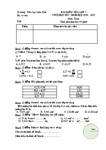 Đề kiểm tra cuối học kỳ I môn Toán Lớp 5 - Năm học 2024-2025 - Trường Tiểu học Liên Khê (Có đáp án)
