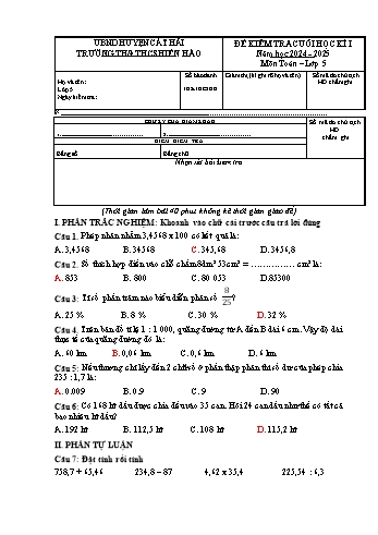 Đề kiểm tra cuối học kỳ I môn Toán Lớp 5 - Năm học 2024-2025 - Trường TH&THCS Hiền Hào (Có đáp án + Ma trận)