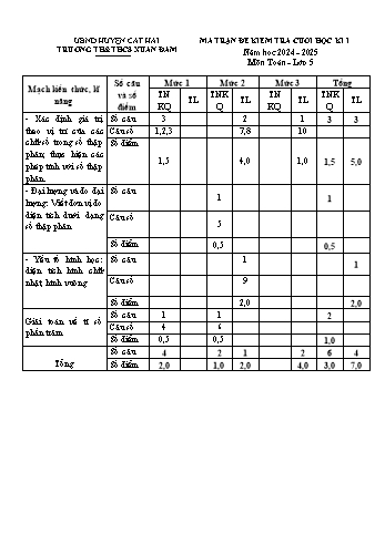 Đề kiểm tra cuối học kỳ I môn Toán Lớp 5 - Năm học 2024-2025 - Trường TH&THCS Xuân Đám (Có đáp án + Ma trận)