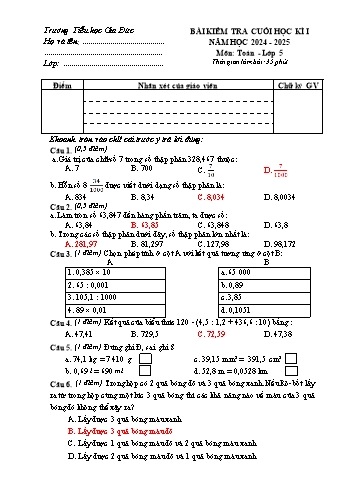 Đề kiểm tra cuối học kỳ I môn Toán Lớp 5 - Năm học 2024-2025 - Trường Tiểu học Gia Đức