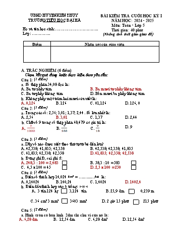 Đề kiểm tra cuối học kỳ I môn Toán Lớp 5 - Năm học 2024-2025 - Trường Tiểu học Đại Hà (Có đáp án)