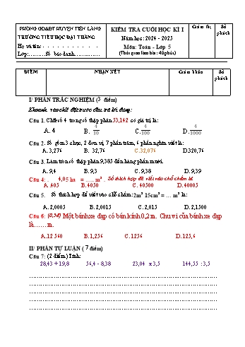 Đề kiểm tra cuối học kỳ I môn Toán Lớp 5 - Năm học 2024-2025 - Trường Tiểu học Đại Thắng (Có đáp án)