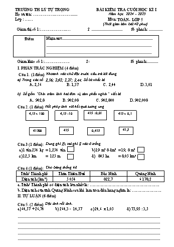 Đề kiểm tra cuối học kỳ I môn Toán Lớp 5 - Năm học 2024-2025 - Trường Tiểu học Lý Tự Trọng (Có đáp án)