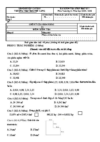 Đề kiểm tra cuối học kỳ I môn Toán Lớp 5 - Năm học 2024-2025 - Trường TH&THCS Phù Long (Có đáp án + Ma trận)