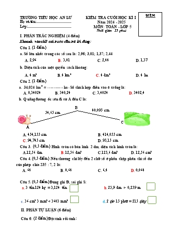 Đề kiểm tra cuối học kỳ I môn Toán Lớp 5 - Năm học 2024-2025 - Trường Tiểu học An Lư