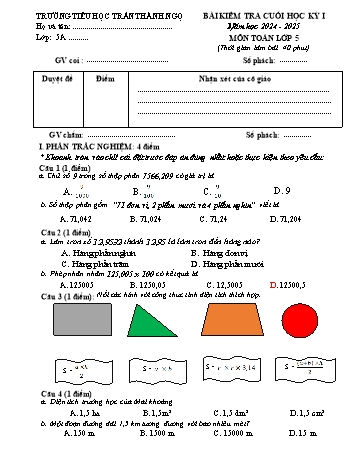 Đề kiểm tra cuối học kỳ I môn Toán Lớp 5 - Năm học 2024-2025 - Trường Tiểu học Trần Thành Ngọ (Có đáp án)