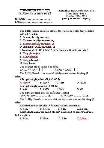 Đề kiểm tra cuối học kỳ I môn Toán Lớp 5 - Năm học 2024-2025 - Trường TH&THCS Du Lễ (Có đáp án)