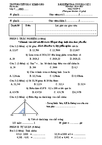 Đề kiểm tra cuối học kỳ I môn Toán Lớp 5 - Năm học 2024-2025 - Trường Tiểu học Kim Đồng (Có đáp án)