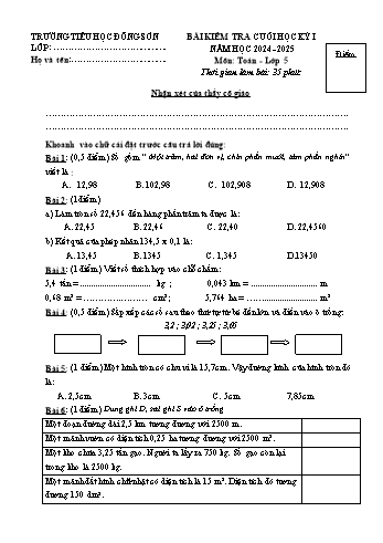 Đề kiểm tra cuối học kỳ I môn Toán Lớp 5 - Năm học 2024-2025 - Trường Tiểu học Đông Sơn (Có đáp án + Ma trận)