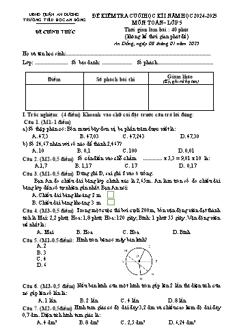Đề kiểm tra cuối học kỳ I môn Toán Lớp 5 - Năm học 2024-2025 - Trường Tiểu học An Đồng (Có đáp án + Ma trận)