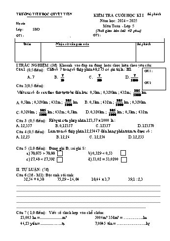 Đề kiểm tra cuối học kỳ I môn Toán Lớp 5 - Năm học 2024-2025 - Trường Tiểu học Quyết Tiến