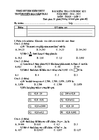 Đề kiểm tra cuối học kỳ I môn Toán Lớp 5 - Năm học 2024-2025 - Trường Tiểu học Tân Trào (Có đáp án)