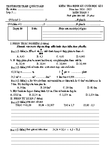 Đề kiểm tra cuối học kỳ I môn Toán Lớp 5 - Năm học 2024-2025 - Trường Tiểu học Trần Quốc Toản (Có đáp án)