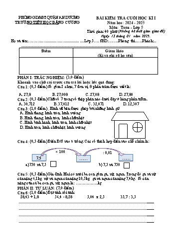 Đề kiểm tra cuối học kỳ I môn Toán Lớp 5 - Năm học 2024-2025 - Trường Tiểu học Đặng Cương (Có đáp án)