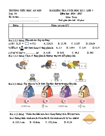 Đề kiểm tra cuối học kỳ I môn Toán Lớp 5 - Năm học 2024-2025 - Trường Tiểu học An Sơn (Có đáp án + Ma trận)
