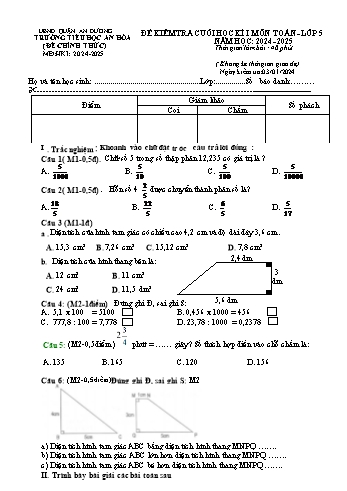 Đề kiểm tra cuối học kỳ I môn Toán Lớp 5 - Năm học 2024-2025 - Trường Tiểu học An Hòa