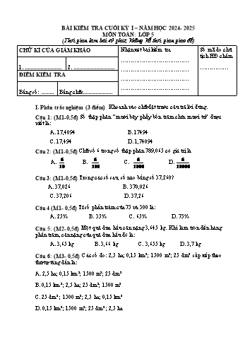 Đề kiểm tra cuối học kỳ I môn Toán Lớp 5 - Năm học 2024-2025 - Trường Tiểu học Nguyễn Văn Trỗi (Có đáp án + Ma trận)