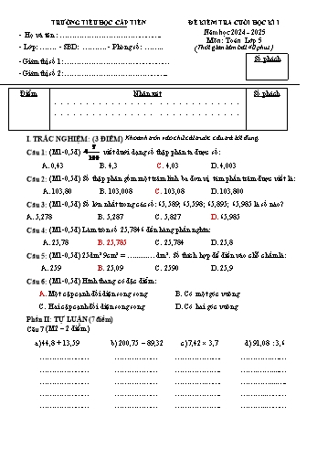 Đề kiểm tra cuối học kỳ I môn Toán Lớp 5 - Năm học 2024-2025 - Trường Tiểu học Cấp Tiến (Có đáp án + Ma trận)