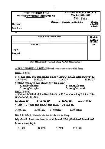 Đề kiểm tra cuối học kỳ I môn Toán Lớp 5 - Năm học 2024-2025 - Trường Tiểu học Chu Văn An (Có đáp án + Ma trận)