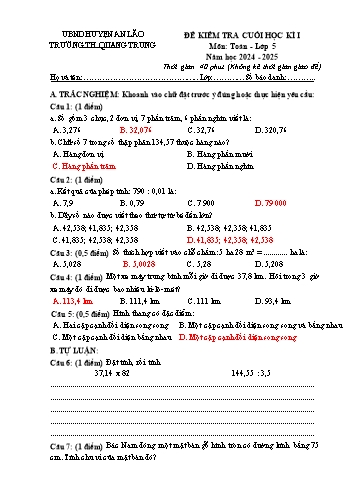 Đề kiểm tra cuối học kỳ I môn Toán Lớp 5 - Năm học 2024-2025 - Trường Tiểu học Quang Trung (Có đáp án + Ma trận)