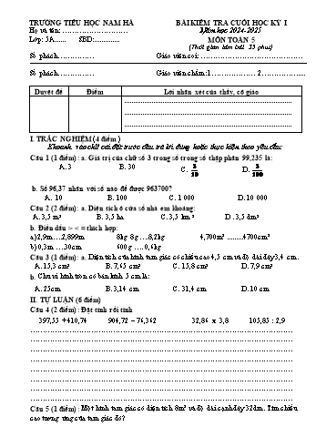 Đề kiểm tra cuối học kỳ I môn Toán Lớp 5 - Năm học 2024-2025 - Trường Tiểu học Nam Hà (Có đáp án)