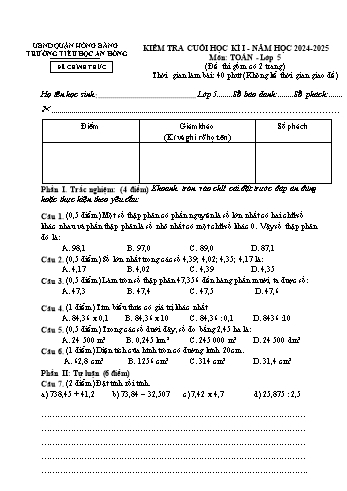 Đề kiểm tra cuối học kỳ I môn Toán Lớp 5 - Năm học 2024-2025 - Trường Tiểu học An Hồng (Có đáp án + Ma trận)