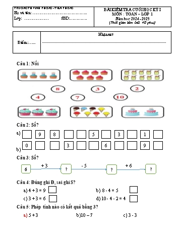 Đề kiểm tra cuối học kỳ I môn Toán + Tiếng Việt Lớp 1 + 2 + 3 + 4 + 5 - Năm học 2024-2025 - Trường Tiểu học Vĩnh Phong-Tiền Phong (Có đáp án + Ma trận)