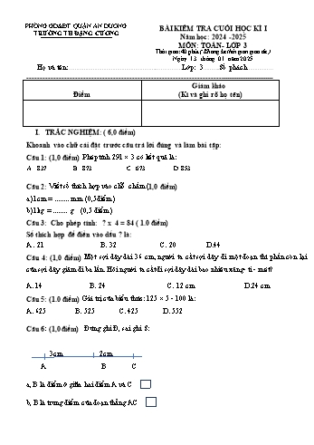 Đề kiểm tra cuối học kỳ I môn Toán + Tiếng Việt Lớp 3 - Năm học 2024-2025 - Trường Tiểu học Đặng Cương (Có đáp án + Ma trận)