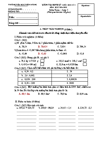 Đề kiểm tra cuối học kỳ I môn Toán + Tiếng Việt Lớp 5 - Năm học 2024-2025 - Trường Tiểu học Trấn Dương (Có đáp án)