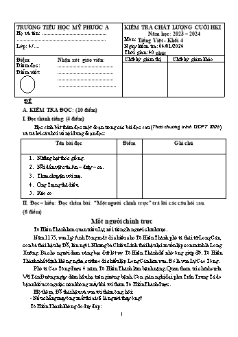 Đề kiểm tra cuối học kỳ I Tiếng Việt Khối 4 - Năm học 2023-2024 - Trường Tiểu học Mỹ Phước A (Có đáp án + Ma trận)