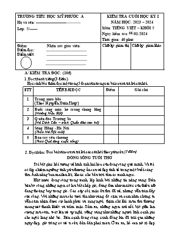 Đề kiểm tra cuối học kỳ I Tiếng Việt Khối 5 - Năm học 2023-2024 - Trường Tiểu học Mỹ Phước A (Có đáp án + Ma trận)