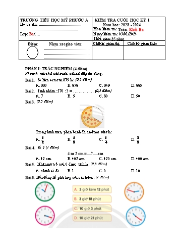 Đề kiểm tra cuối học kỳ I Toán Khối 3 (Chân trời sáng tạo) - Năm học 2023-2024 - Trường Tiểu học Mỹ Phước A (Có đáp án + Ma trận)