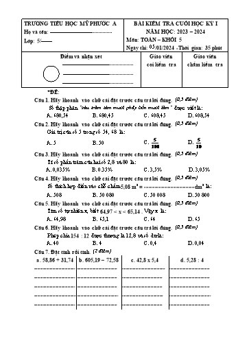 Đề kiểm tra cuối học kỳ I Toán Khối 5 - Năm học 2023-2024 - Trường Tiểu học Mỹ Phước A (Có đáp án + Ma trận)
