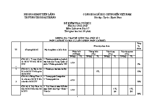 Đề kiểm tra cuối học kỳ môn Lịch sử & Địa lí 7 - Năm học 2022-2023 - Trường THCS Đại Thắng (Có đáp án + Ma trận)
