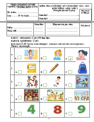 Đề kiểm tra định kì cuối học kì I môn Tiếng Anh Lớp 3 - Năm học 2024-2025 - Trường Tiểu học Đằng Giang (Có đáp án + Ma trận)